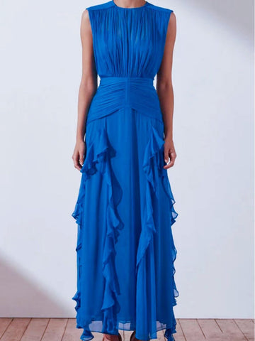 Autumn New Chiffon Printing Round Neckless Waist Design Lotus Leaf Side Long Dress